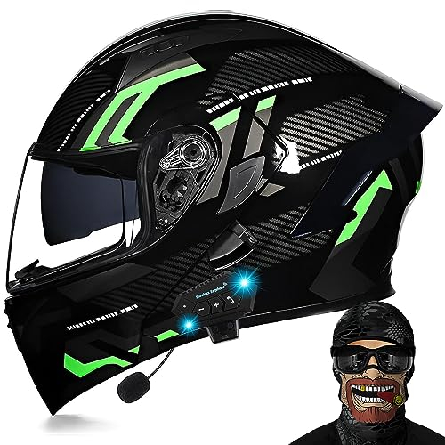 DXDRT Bluetooth Motorrad Flip Up Fronthelm DOT/ECE Genehmigt Motorrad Modular Full Face Helm HD Dual Sonnenblende Motorrad Helm Eingebaute Dual Lautsprecher Mit Mikrofon,Grün,L
