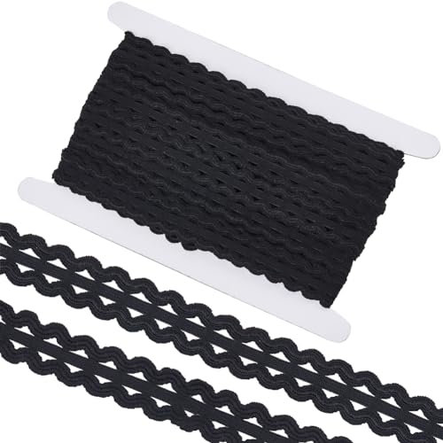 GORGECRAFT 10M RIC Rac Trim Ribbon 20mm Breit Zweireihig Wellenförmig Zum Nähen Biegefransenbesatz Schwarz Rick Rack Elastisch Gewebter Geflochtener Stoff Spitzenverzierung DIY Bekleidungszubehör