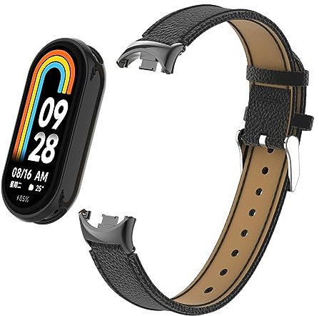 HOPMC Bracelet de rechange tendance en cuir grain de litchi avec connecteur métallique Compatible avec Xiaomi Mi Smart Band 8/8NFC (tracker non inclus) (Noir)