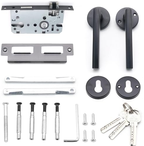 JJQHYC Poignées de porte noire avec serrure à mortaise et clé, poignées pour portes intérieures modernes mates pour salle de bain et chambre à coucher