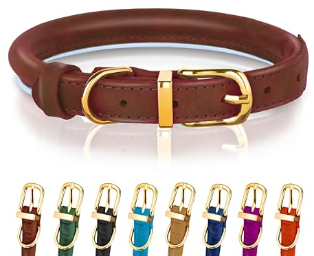 Hundehalsband aus gerolltem Leder - Leder Welpenhalsbänder für kleine Hunde Katzen - Runde Hundehalsbänder für mittelgroße Hunde - Weich Gepolstert (20-28cm, Braun)