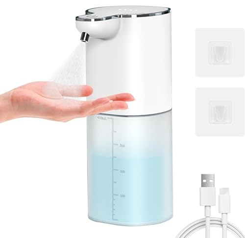 Distributeur de Savon Automatique, 400 ML, Rechargeable, sans Contact, Montage Mural, avec 4 Niveaux de Mousse réglables, Distributeur de Savon électrique IPX5 avec détecteur de Mouvement Infrarouge
