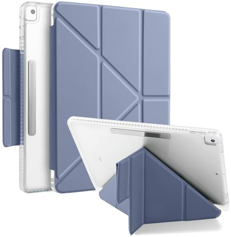 MuyDoux Hülle Origami für iPad 10,2 Zoll 9. 8. 7. Generation 2021/2020/2019 mit Stifthalter, 5-in-1 Mehrere Betrachtungswinkel, mit Magnetverschluss, Glasklare Durchsichtig Rückseite, Lavendelgrau