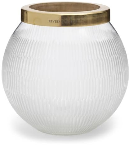 Riviera Maison Teelichthalter Glas rund mit Rille und Goldrand, transparente Teelichthalter Durchmesser 14 cm - Pescara Votive - (ØxH) 14x13