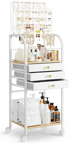 Rangement Bijoux, Porte bijoux avec 3 Tiroir Organiseur Boite a Bijoux Presentoir Bijoux Porte Boucle d'oreille pour Boucle d'oreille Collier Bague Bracelet Montres et Accessoires (Blanc)