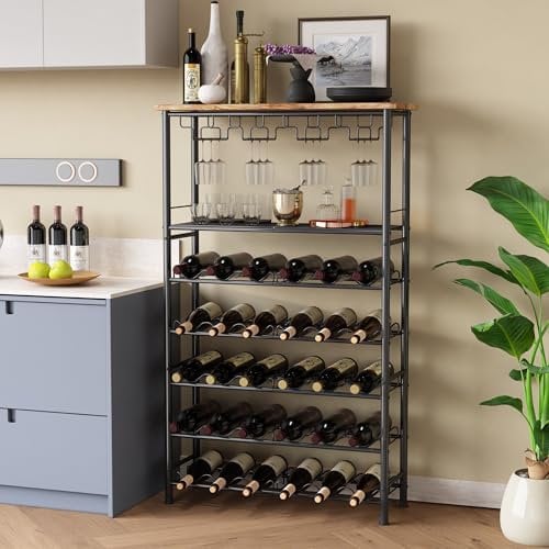 COVAODQ Weinregal für 30 Flaschen,Weinregal Metall,Wine Rack,Weinschrank Mit hohem Becherhalter 69 x 24x 116 cm,Vintagebraun-schwarz