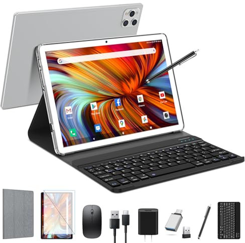 EITOMIN Tablet 10 inch 2025 Latest Android Tablet 128GB ROM+16GB RAM+1TB Expandable Octa-Core 5G WiFi 1080FHD/13MPCamera/7000mAh/Bluetooth 5.0/GPS/Tab with Keyboard/OTG/Mouse/Pen Silver