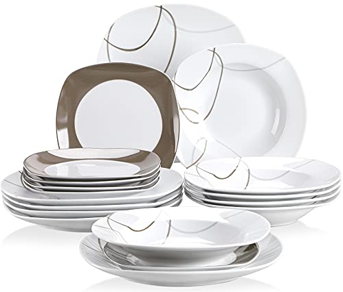 VEWEET Teller und Schüsseln, Porzellan-Geschirr-Set mit braunen Linien, weißes Geschirr-Set inklusive Speiseteller, Dessertteller und Müslischalen, Serie Nikita, 12-teilig