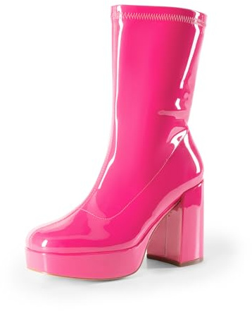 DREAM PAIRS Bottes mi-mollet Gogo pour Femme avec Pointe Carrée, Bottes à Plateforme avec Talon Haut Épais, Rose intense, 36 EU