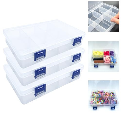 3 Stück 8 Gitter Transparenter Aufbewahrungsbox mit Fächern, Einstellbares Fächern Sortierbox Aufbewahrungs Box, Stapelbar Doppelte Schnalle Plastik Organizer Box für Zubehör Perlen Schmuck Nähfäden