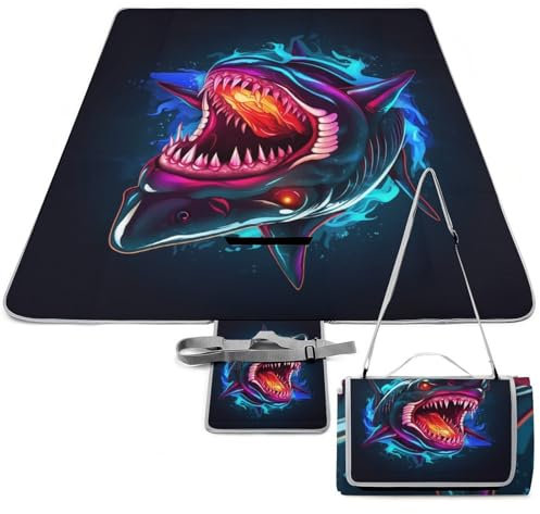 Xiputvl 3D-Eindruck Haie bunt Picknickdecke Tiere Strandmatte Outdoor Teppich Wasserdicht, Faltbar Strandliege Für Trocken Strand, BBQ, Picknick, Wandern 148x148cm