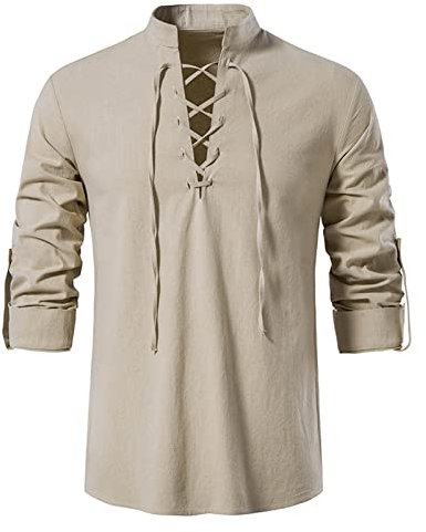 Men's Long Sleeve Smart Casual Henley T-Shirt - White Linen, Punk, Halloween, Pirate Style Tops (Khaki, 3XL)