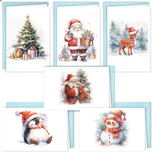 Weihnachtskarten mit Umschlag Set, 12 Stück Klappkarten Weihnachtskarten, Aquarell Weihnachtskarte Karten für Feiertage Neujahr Weihnachts Grüße