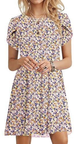 PLOKNRD Summer Dresses for Women UK Elegant Petal Short Sleeve T-Shirt Dress Crew Neck Casual Loose Swing Holiday Beach Dress with Pockets(Floral Pink,L)