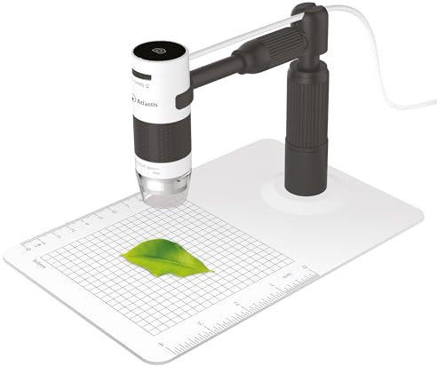 Digitales USB-Mikroskop, Vergrößerungsglas Atlantis E45-MS725, UXGA Auflösung 1600 x 1200. Doppelfokus, 60-fache und 250-fache Vergrößerung, millimetergenaue Höhenverstellung und Länge, PC, Mac