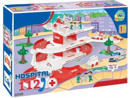 cavernedesjouets Mon Premier Garage hopital avec Parking et Piste + 2 vehicules et 1 helicoptere - Jouet 1er Age des 1 an - Set Jeu Enfant avec Carte Tigre
