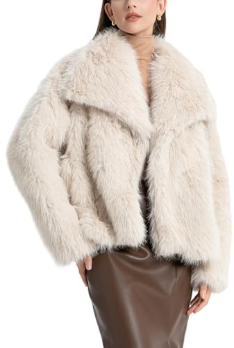 Sukany Women's Winter Faux Fur Fleece Cropped Jacket Long Sleeve Button Up Lapel Fluffy Warm Outerwear Coat