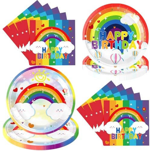 Rainbow Theme Party Plates Napkins 60pcs Rainbow Birthday Tableware Set for Kids Birthday Baby Shower Party Decorations, for 20 Guests (White)