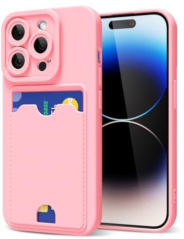 oakxco for iPhone 14 Pro Case with Card Holder, Cute Silicone Wallet Phone Case with Credit Card Slot, Soft Rubber Thin Slim Purse for Women Men with Shockproof Camera Cover Protection, Light Pink