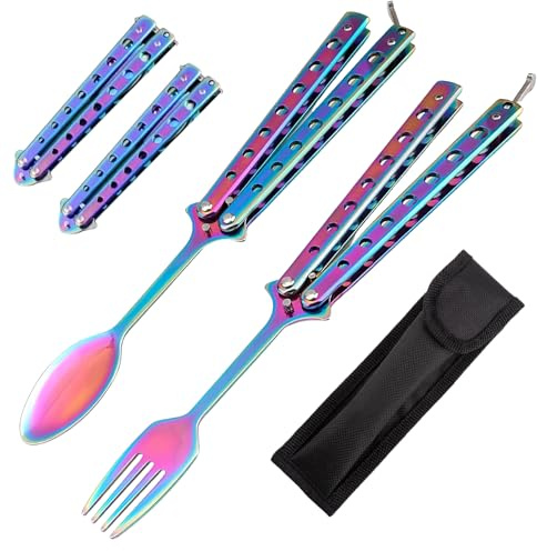 Butterfly Löffel Camping-Gabel und Löffel Set: 2 Stück multifunktionaler Faltlöffel mit Aufbewahrungstasche für Küche, BBQ, Camping und Reisen Outdoor