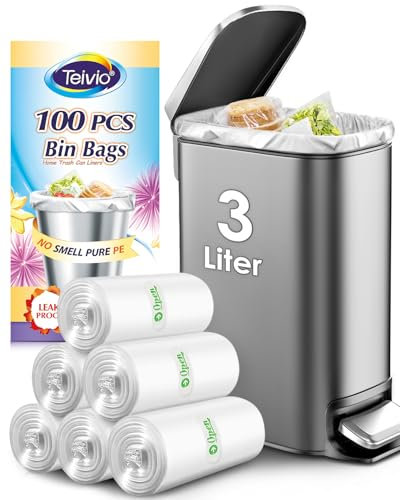 Teivio 3 Liter Small Bin Bags 100 Counts Pedal Bin Liners Thick Plastic Waste Bags for Bathroom, Kitchen, Office, Fit 0.8-1 Gal Mini Rubbish Bin, Clear