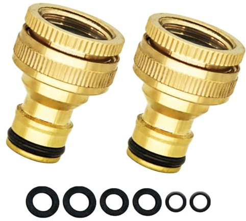 2 Pack Brass Garden Hose Tap Connector - 3/4 inch & 1/2 inch 2-in-1 Brass Female Threaded Tap Connector for Hosepipe, Outdoor Threaded Tap Connector, Threaded Faucet Adapter
