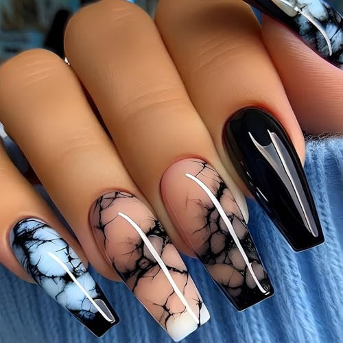 24 Pcs Ballerinas Artificial Nails Marble Full Covers False Nails Glossy Stick On Nails Extra Long Press On Nails