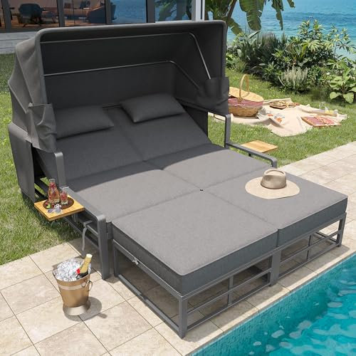Merax Gartenlounge-Set für 2-4 Personen, Sonnenliege Set mit faltbarem Sonnendach, Gartenliege für 2 Personen, Multifunktionales Sofa-Set für draußen, Essgruppe für Terrasse und Balkon, Outdoor-Set
