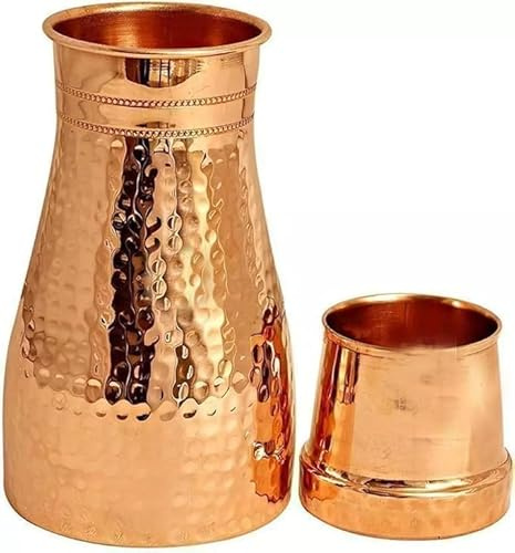 HRS India - Caraffa in puro rame martellato, per camera da letto, per acqua, bicchiere in rame, benefici per la salute ayurvedica, 1 litro
