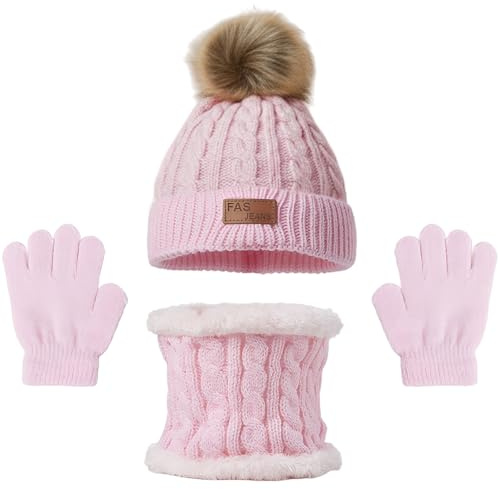 YRPACFB Cappello a Maglia Bambini Invernale Sciarpa Guanti, 3 in 1 Inverno Berretto con Pompom Scaldacollo Guanti Set, per Ragazzi e Ragazze di età 2-10 Anni