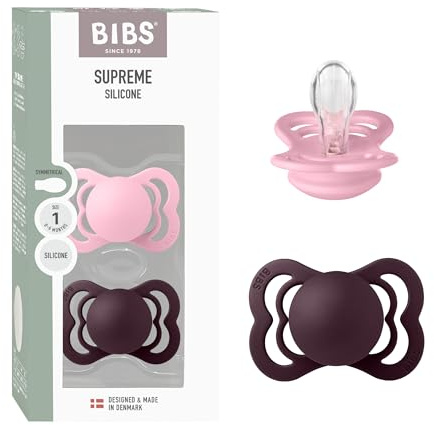 BIBS Supreme Schnuller, 0-6 Monate, 2er-Pack, Baby Pink/Plum | Symmetrischer Sauger | Silikon | Größe 1 | BPA-frei | Hergestellt in Dänemark | Hohe Akzeptanz | Luftlöcher | Komfortschild