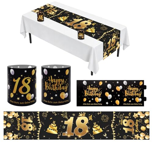 18. Geburtstag Deko Schwarz Gold Set, Tischläufer mit Windlichter Tischdeko | Tischdeko Moderne, Konfirmation Tischdeko, für Jugendliche, Erwachsenwerden, Party Deko für Jungen Mädchen