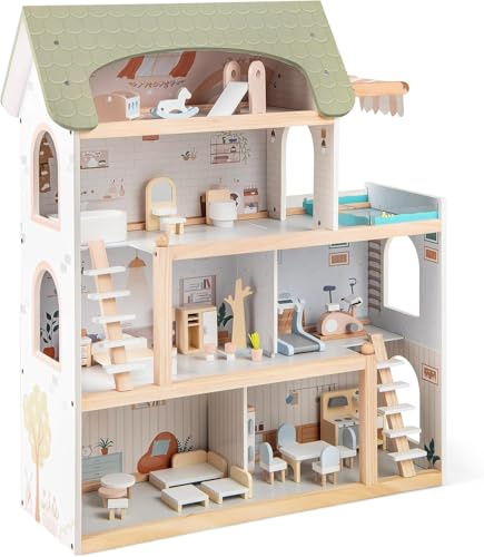 GOPLUS Maison de Poupee en Bois à 4 Étages, Maison de Rêve avec 33 Accessoires, 6 Chambres, Balcon avec Piscine, Jouet Éducatif pour Filles Garçon de 3+ Ans (Vert)