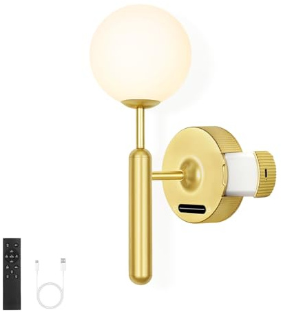 OUTON Applique murale sans fil avec batterie de 8000 mAh, télécommande, intensité variable, doré