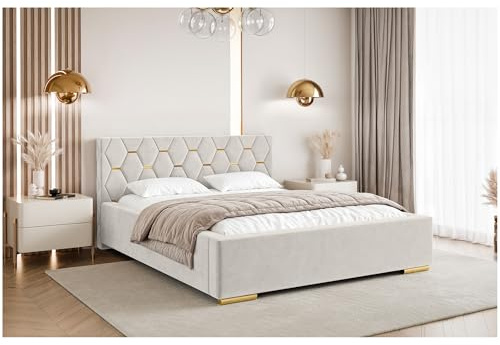 MEBLINI Versal Polsterbett 120x200 mit Stauraum - Lattenrost und Bettkasten - Kopfteil Bett mit Stauraum - Doppelbett - Stauraumbett - Betten - 120x200 - Creme Samt ohne Matratze