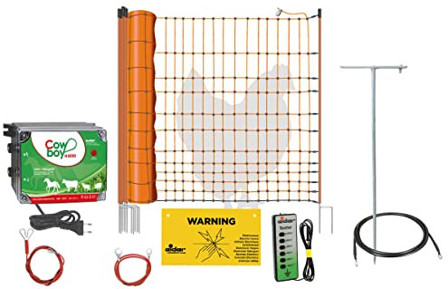 50 m Geflügelzaun komplett mit 230V Weidezaungerät & Netz 50 m lang, 112 cm hoch, inkl. Zaun- Batterieprüfer, Erdungspfählen und Anschlussmaterial