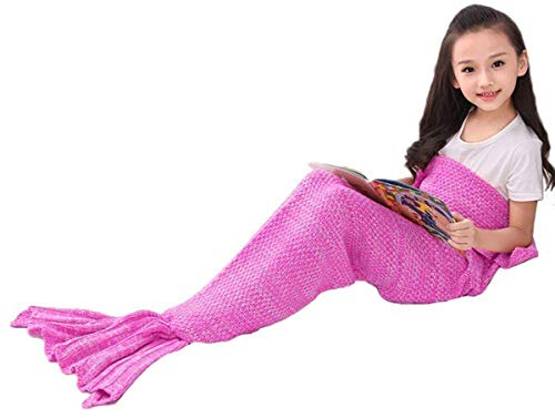 Lazeny Meerjungfrau Decke Kinder Kuscheldecke Strickdecke Häkeln Handbuch Decke Wolldecke Tagesdecke Klimaanlage Decke Meerjungfrau Schwanz Blanket Schlafsack für Mädchen Geschenk,140x70cm-Hellviolett