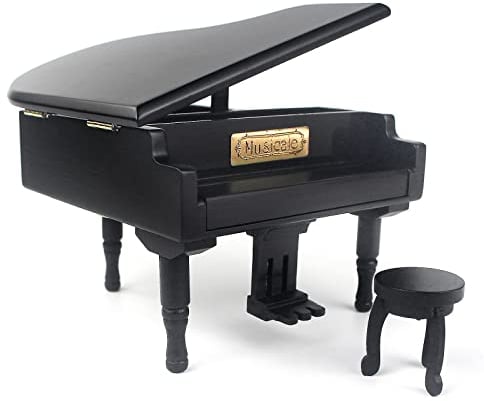Sinzyo hölzerne klavierförmige Spieluhr mit kleinem Hocker, Weihnachten Valentinstag kreatives Geburtstagsgeschenk(Schwarzes Klavier)