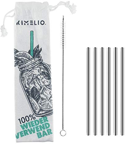 KIMELIO 304 Strohhalme Edelstahl [6 Dünne Trinkhalme Wiederverwendbar + Reinigungsbürste & Baumwollbag] Edelstahl Trinkhalme, Metall Strohhalm, Umweltfreundlich, BPA frei, Silber
