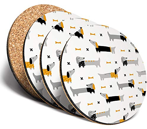 Destination Vinyl ltd Tolle Untersetzer (4er-Set) rund – Dackel Wurst Hund Zeichnungen Getränk Glänzend Untersetzer Tischschutz für jeden Tisch Typ #21806