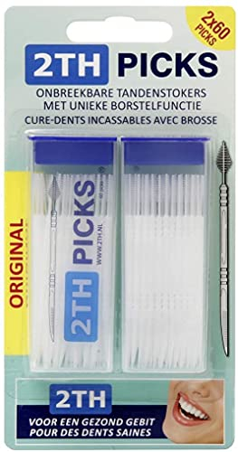 2TH Picks®. Palillos Interdentales de Plástico Extra Suaves y Resistentes. Con Doble Función | Cepillo Interdental + Rascador de Encías | Pack Económico de 120 Palillos