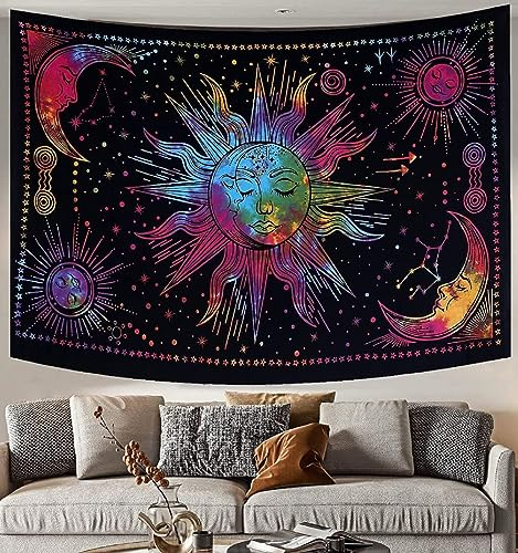 THE ART BOX The Sonne Mond Stern Spiritueller Asthetischer Wandteppich Regenbogen – 135 x 210cm Reine Baumwolle Hippie Wand Tuch zum Aufhängen Tagesdecke Tierkreis Tapestries
