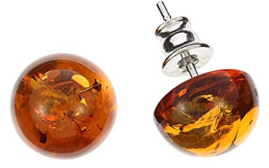 Bernstein Ohrringe von Artisana-Schmuck, runde Ohrstecker mit Bernstein, Fassung 925/000 Sterling Silber rhodiniert