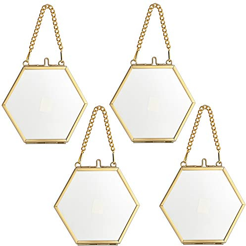 SUMTree 4 Pcs mini-Hexagon Bilderrahmen aus Metall und Glas,Hängende Glas Fotorahmen,Geometrische Ornament Pflanze Probe Clip,Für gepresste Blumen,Fotos(Golden,5cm)