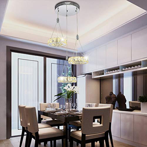 Rund Pendelleuchte Hängelampe Kristall LED Esszimmer Lampe Höhenverstellbar Vintage 3-Ring Kreativ Kronleuchter Modern Wohnzimmer Esstisch Schlafzimmer Büro Leuchte Deko Beleuchtung (Rund, Weißlicht)