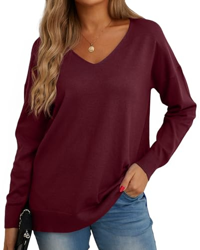 GRECERELLE Women's Casual Jumpers Sweatshirt Ladies Classic Plain Pullover Knit V Neck Long Sleeve Jumper Tops Blouse T-Shirt for Winter Fall Spring (03 Wine Red, L)
