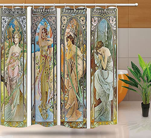 NTETSN YLYYNT2403 Damen-Duschvorhang, eleganter Jugendstil-Stil, Stoff, Badezimmer, ästhetische Kunst, Duschvorhänge, wasserabweisend, Polyester, 183 x 183 cm