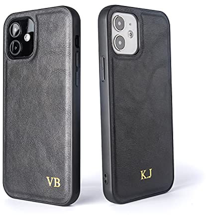 Quve - PU leather Phone case, Compatible with iphone 13, Personalised Custom Initials or Name iPhone case, Leather cover (For iPhone 13, Black)