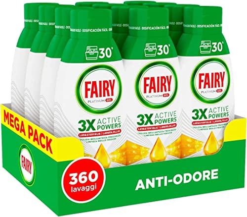 Fairy Detersivo Lavastoviglie Gel Liquido, 360 Lavaggi, Confezione da 12 Bottiglie, Platinum Freschezza Agrumata, Dona Extra Brillantezza Alla Lavastoviglie, Combina Pulizia Brillantezza E Freschezza