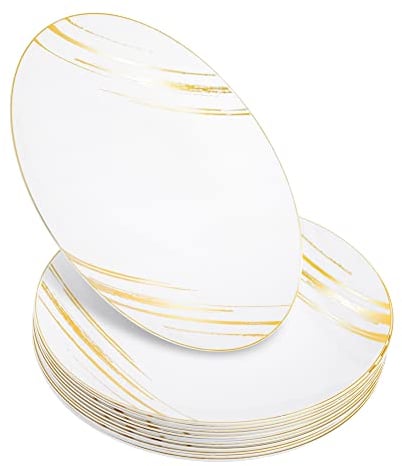 STACKABLES ~ Paquete de 20 platos de plástico duro ~ 20 platos blancos con diseño dorado ~ Juego de platos ligeros flexibles reutilizables para bodas, fiestas, catering y picnic
